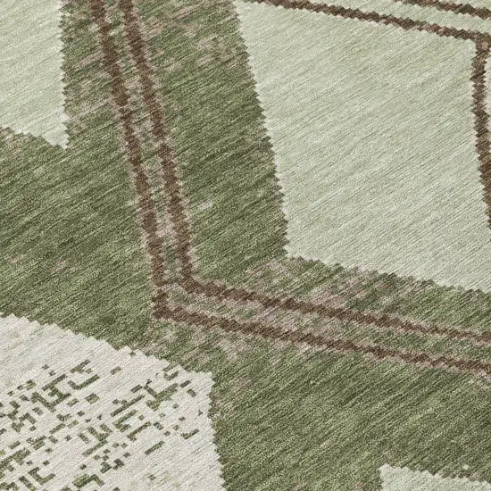 Olive Green And Beige Geometric Washable Indoor Outdoor Area Rug Photo 5