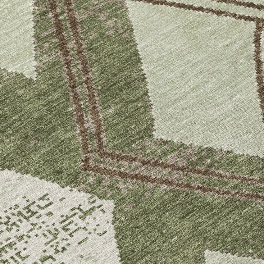 Olive Green And Beige Geometric Washable Indoor Outdoor Area Rug Photo 5