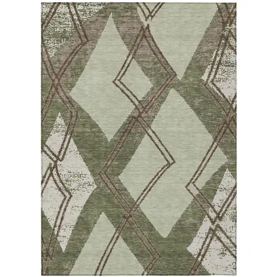 Olive Green And Beige Geometric Washable Indoor Outdoor Area Rug Photo 2