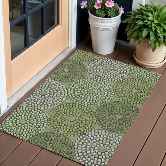 Olive Green And Beige Geometric Washable Indoor Outdoor Area Rug Photo 1