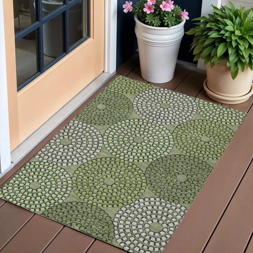 Olive Green And Beige Geometric Washable Indoor Outdoor Area Rug Photo 1
