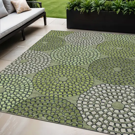 Olive Green And Beige Geometric Washable Indoor Outdoor Area Rug Photo 1