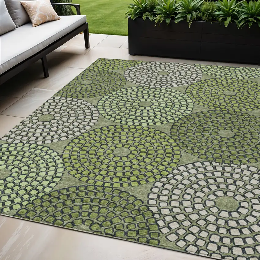 Olive Green And Beige Geometric Washable Indoor Outdoor Area Rug Photo 1