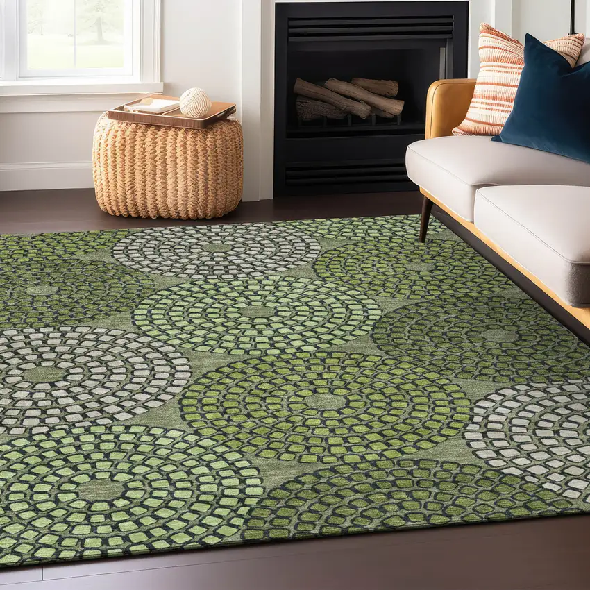 Olive Green And Beige Geometric Washable Indoor Outdoor Area Rug Photo 9