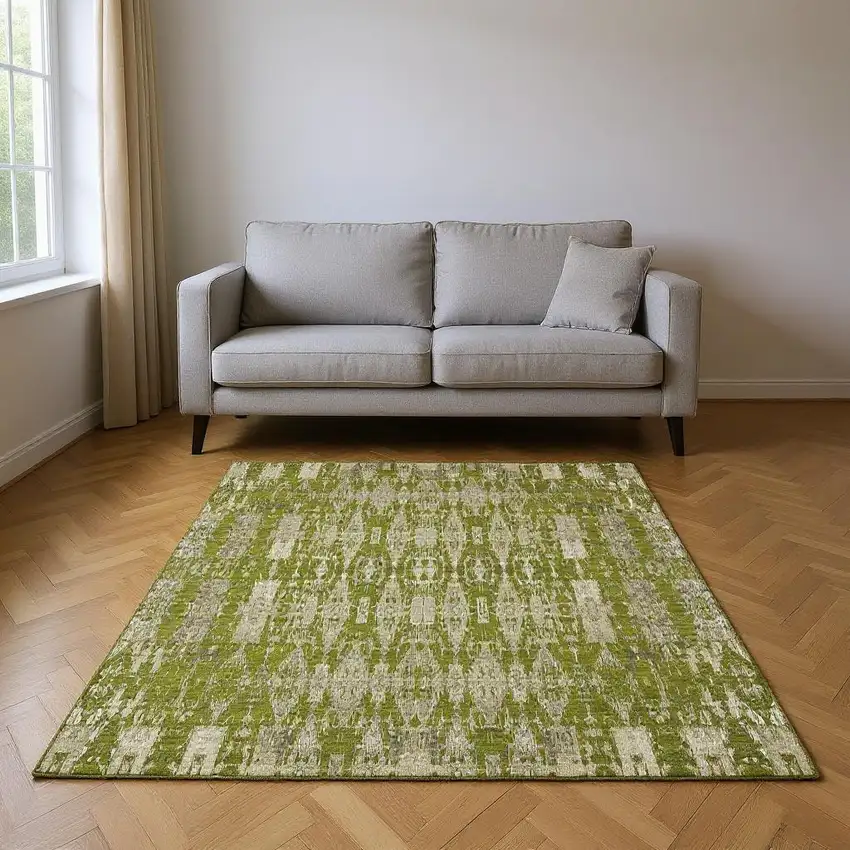 Olive Green And Beige Moroccan Washable Area Rug With UV Protection Photo 2