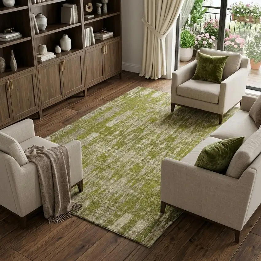 Olive Green And Beige Moroccan Washable Area Rug With UV Protection Photo 1