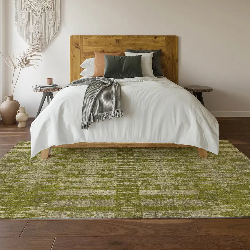 Olive Green And Beige Moroccan Washable Area Rug With UV Protection Photo 4