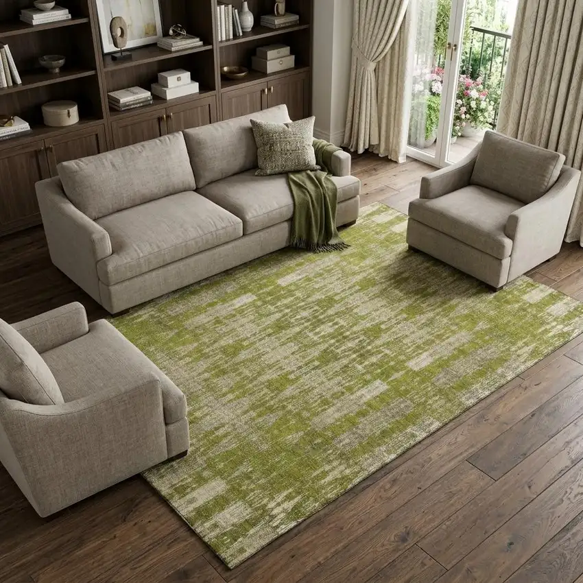 Olive Green And Beige Moroccan Washable Area Rug With UV Protection Photo 1