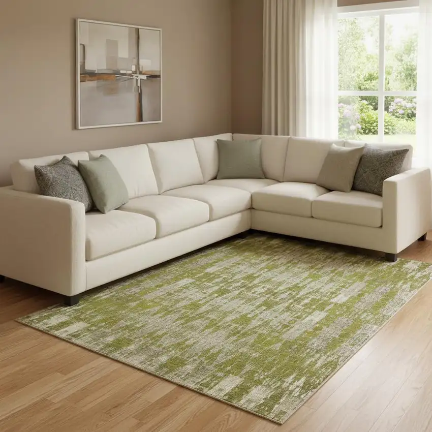 Olive Green And Beige Moroccan Washable Area Rug With UV Protection Photo 1