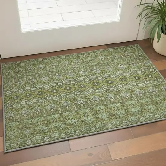 Olive Green And Beige Moroccan Washable Area Rug With UV Protection Photo 2
