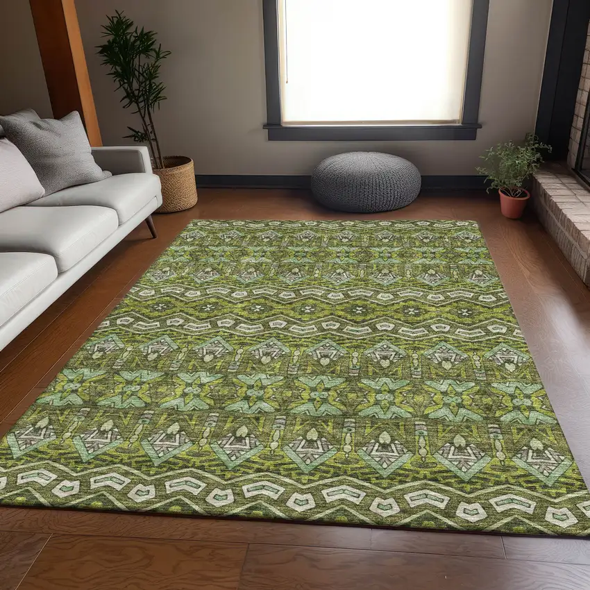 Olive Green And Beige Moroccan Washable Area Rug With UV Protection Photo 6