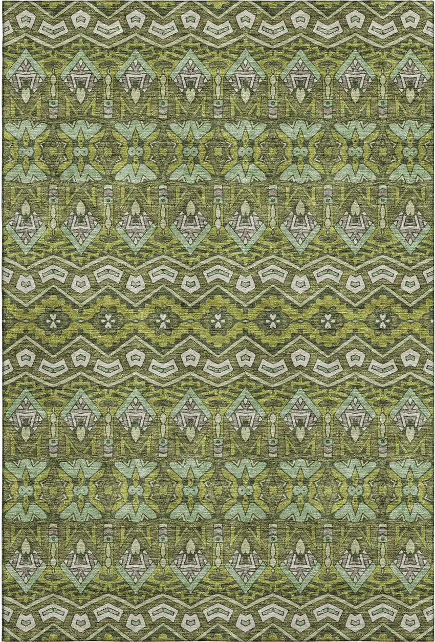 Olive Green And Beige Moroccan Washable Area Rug With UV Protection Photo 1