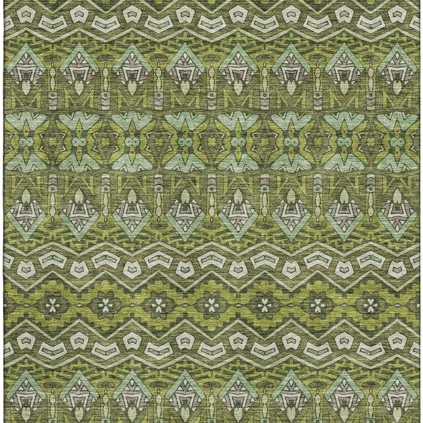 Olive Green And Beige Moroccan Washable Area Rug With UV Protection Photo 4