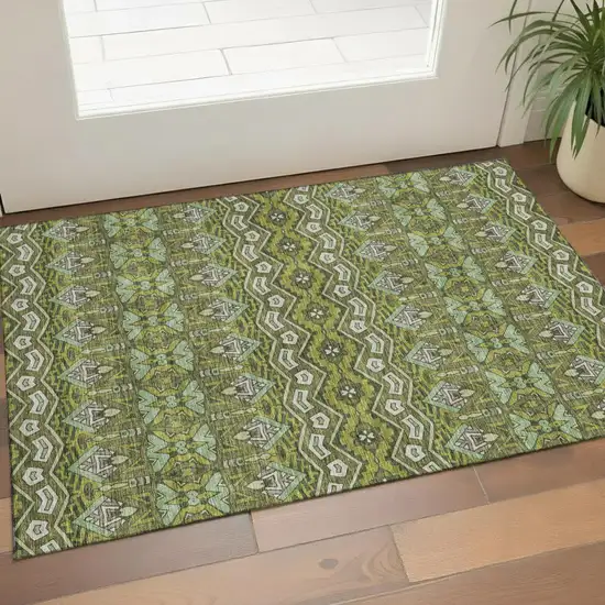 Olive Green And Beige Moroccan Washable Area Rug With UV Protection Photo 1