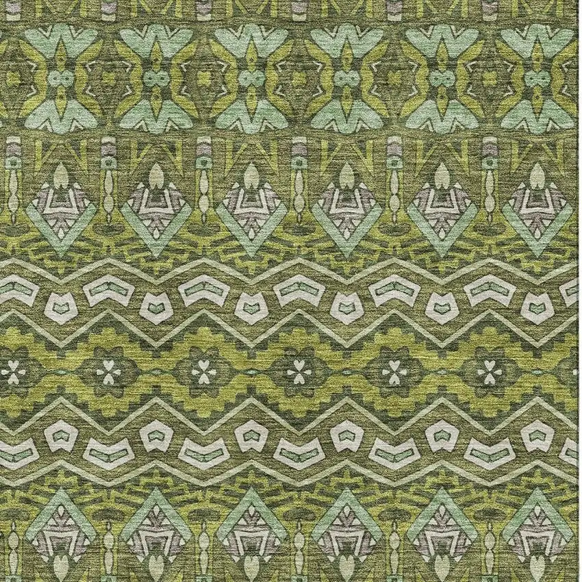 Olive Green And Beige Moroccan Washable Area Rug With UV Protection Photo 3