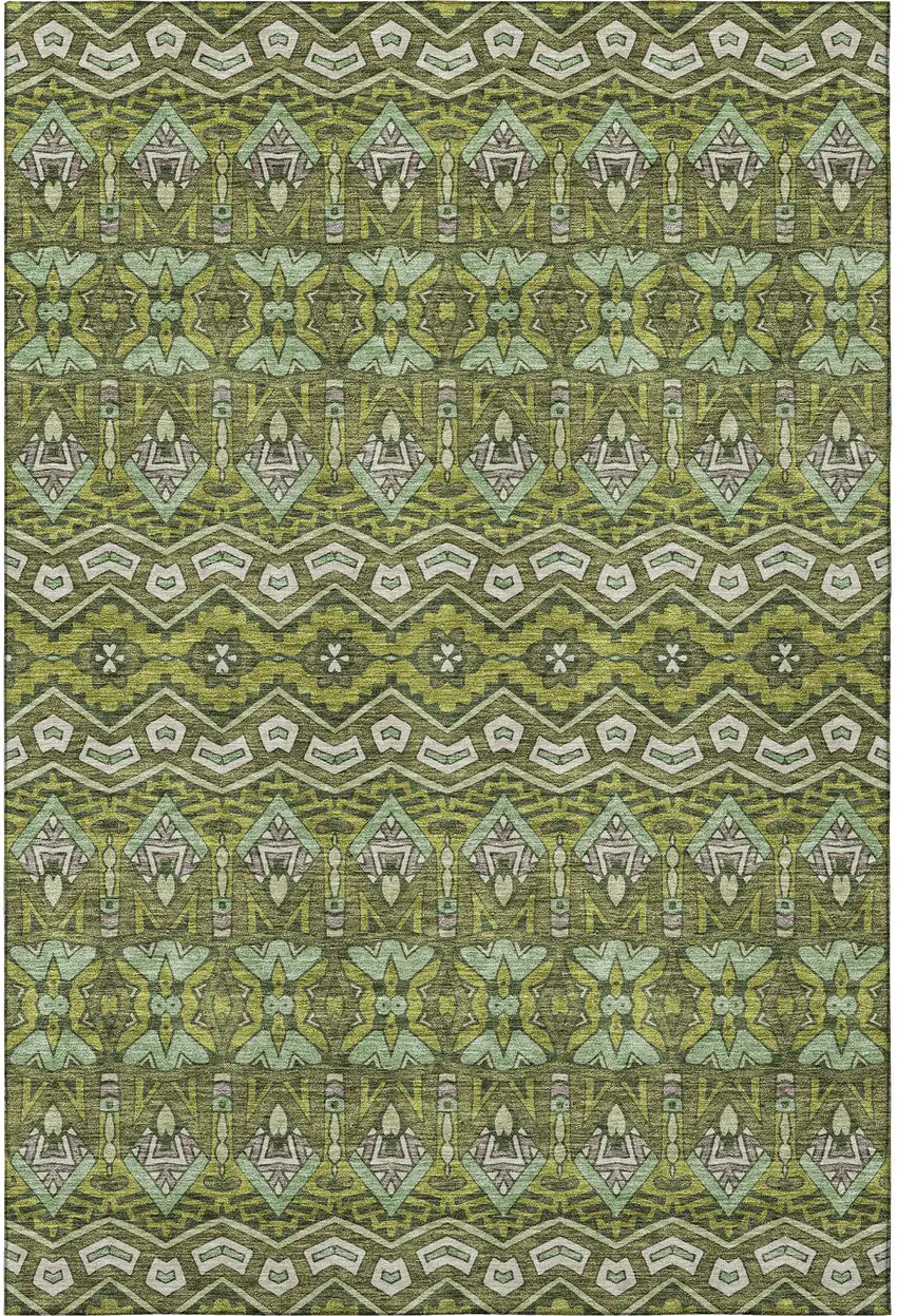 Olive Green And Beige Moroccan Washable Area Rug With UV Protection Photo 4