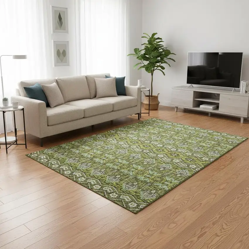 Olive Green And Beige Moroccan Washable Area Rug With UV Protection Photo 2