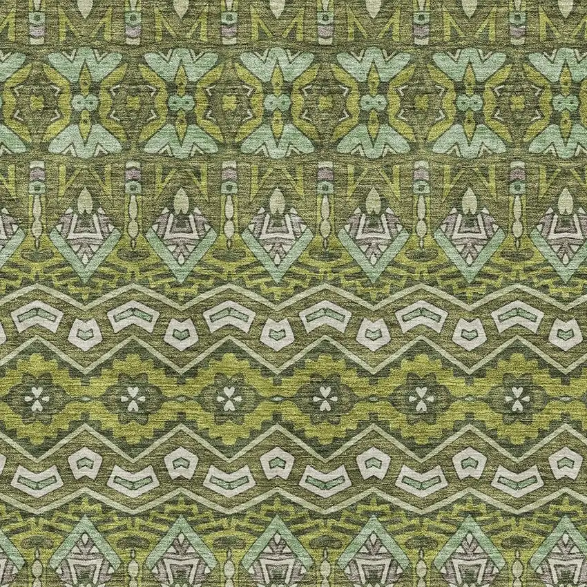 Olive Green And Beige Moroccan Washable Area Rug With UV Protection Photo 3