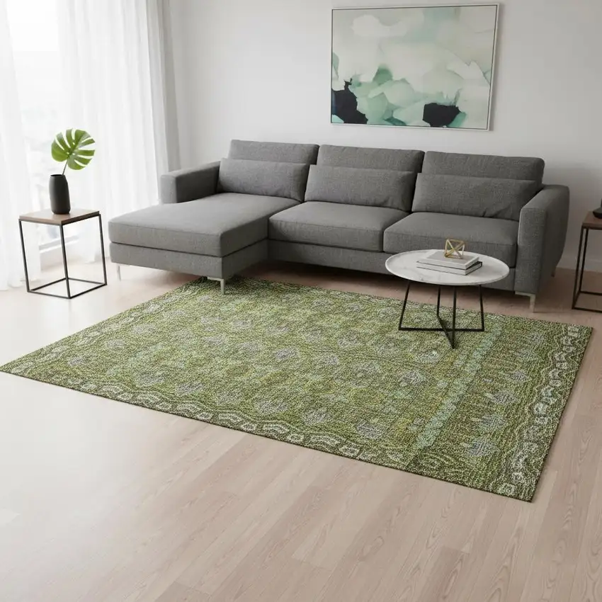 Olive Green And Beige Moroccan Washable Area Rug With UV Protection Photo 2