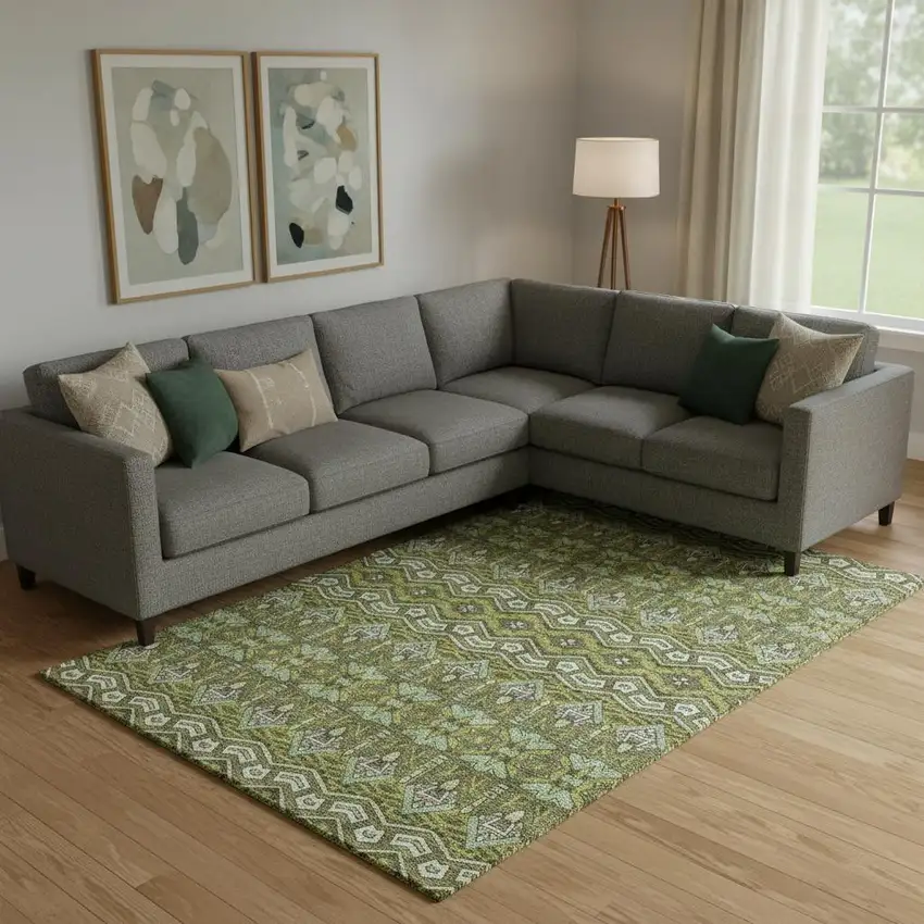 Olive Green And Beige Moroccan Washable Area Rug With UV Protection Photo 1