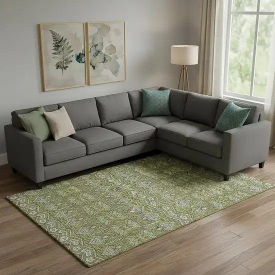 Olive Green And Beige Moroccan Washable Area Rug With UV Protection Photo 1