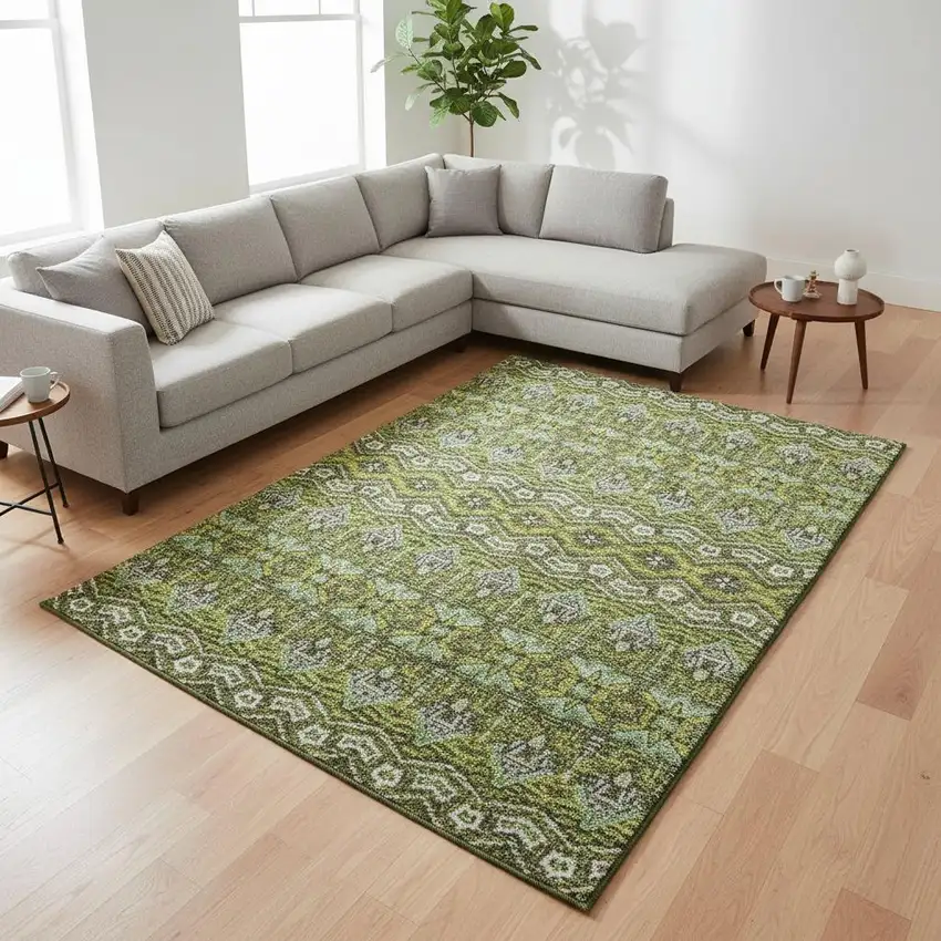 Olive Green And Beige Moroccan Washable Area Rug With UV Protection Photo 2