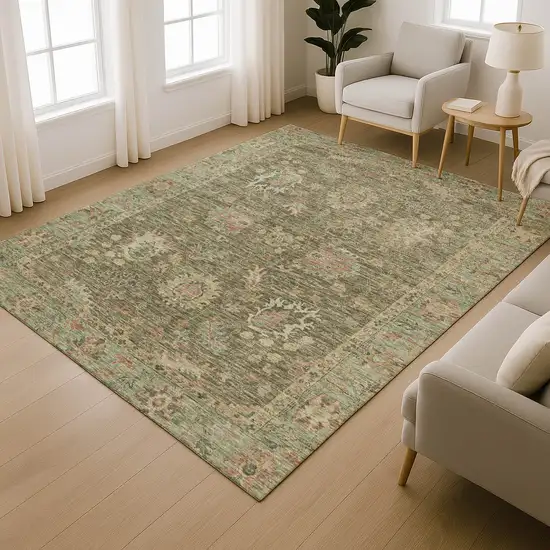 Olive Green And Beige Oriental Washable Area Rug With UV Protection Photo 6