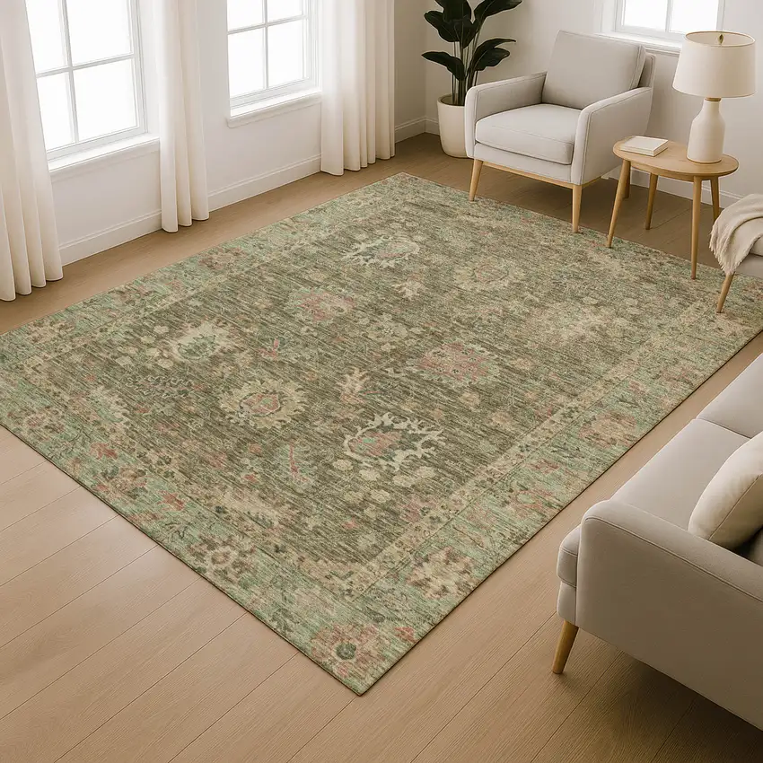 Olive Green And Beige Oriental Washable Area Rug With UV Protection Photo 6