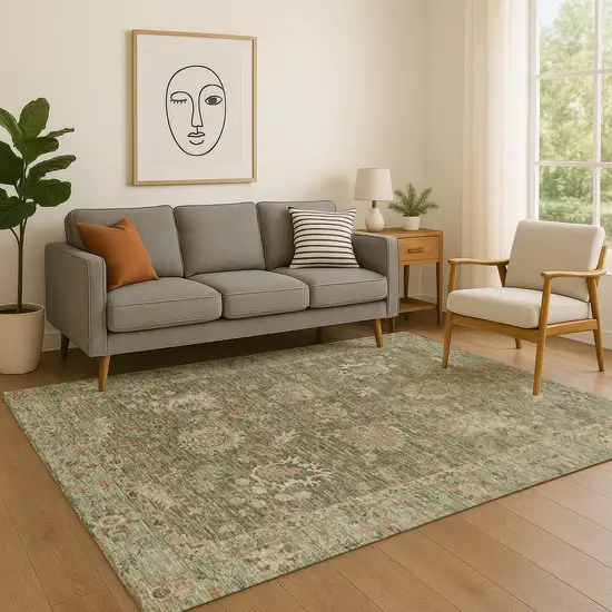 Olive Green And Beige Oriental Washable Area Rug With UV Protection Photo 5