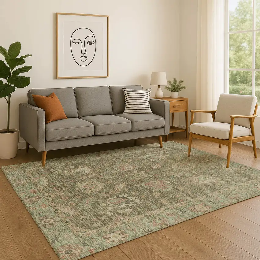 Olive Green And Beige Oriental Washable Area Rug With UV Protection Photo 5