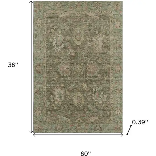Olive Green And Beige Oriental Washable Area Rug With UV Protection Photo 9