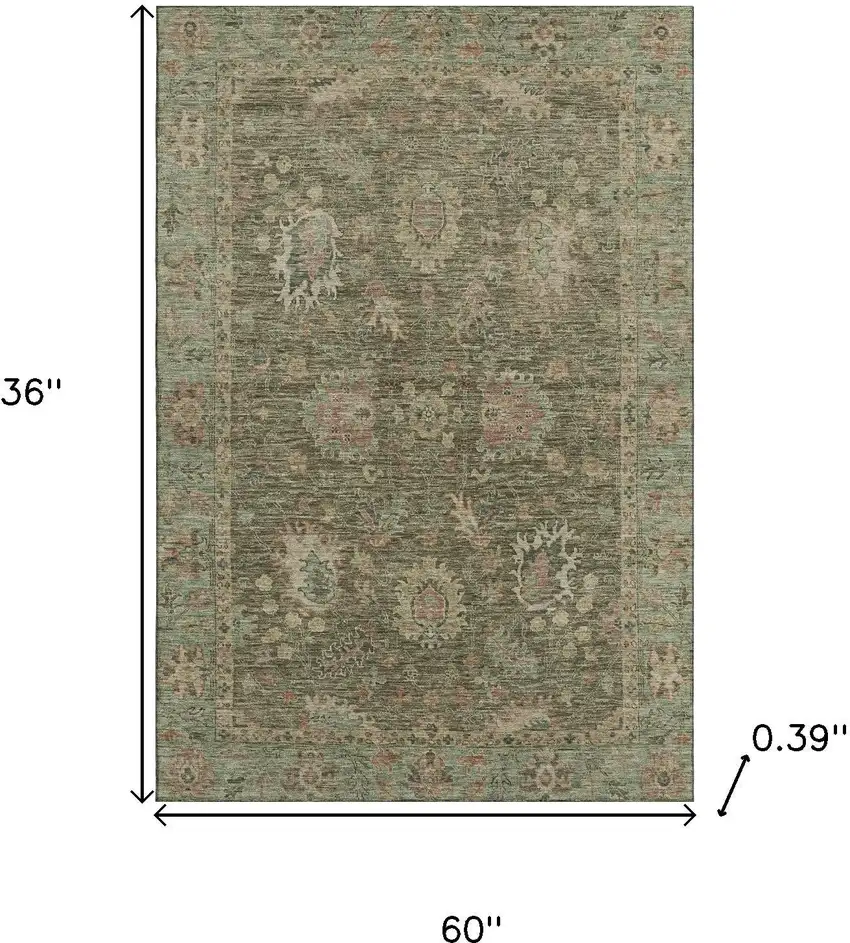 Olive Green And Beige Oriental Washable Area Rug With UV Protection Photo 9