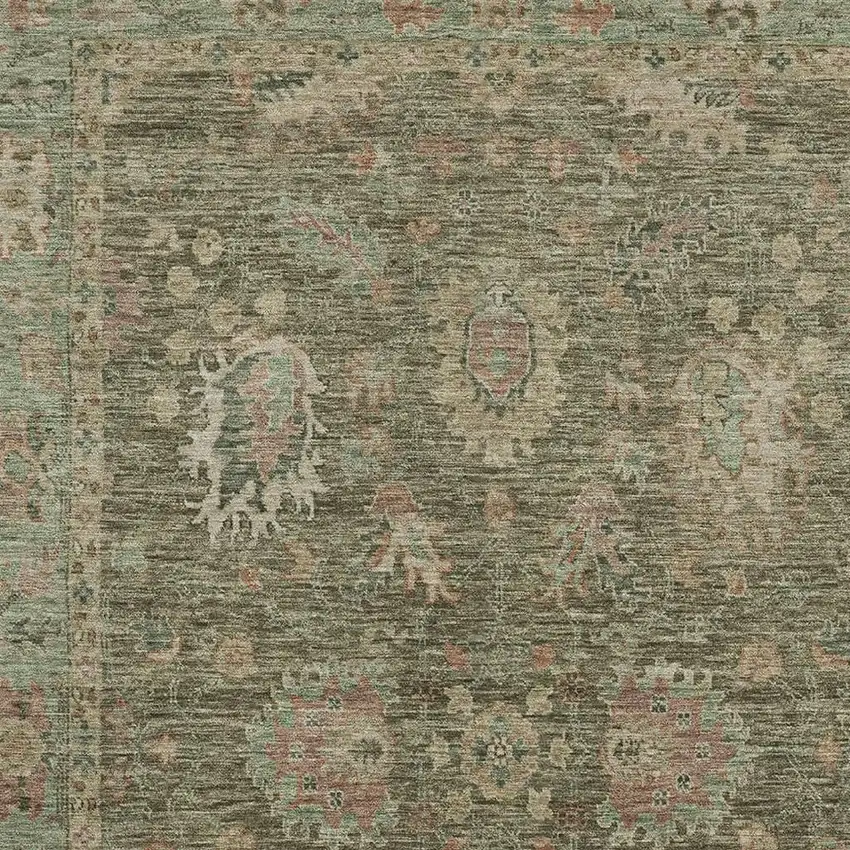 Olive Green And Beige Oriental Washable Area Rug With UV Protection Photo 3