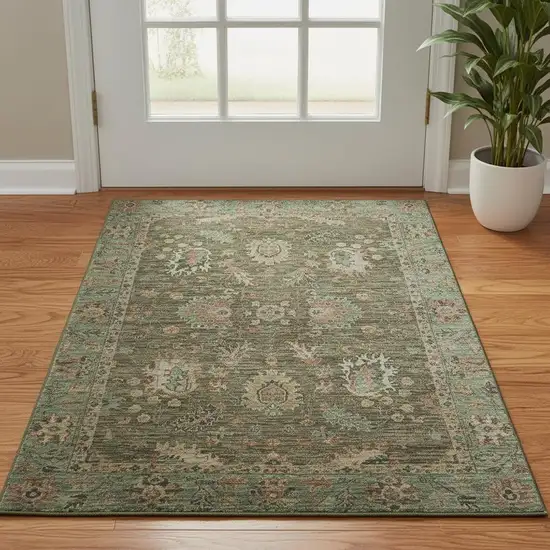 Olive Green And Beige Oriental Washable Area Rug With UV Protection Photo 2