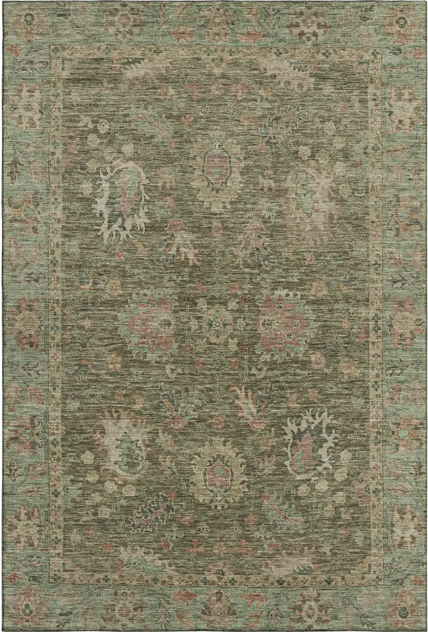 Olive Green And Beige Oriental Washable Area Rug With UV Protection Photo 1