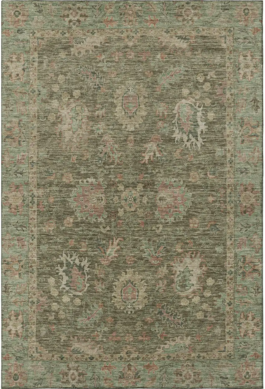 Olive Green And Beige Oriental Washable Area Rug With UV Protection Photo 4