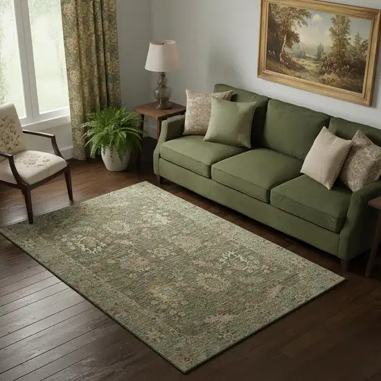 Olive Green And Beige Oriental Washable Area Rug With UV Protection Photo 2