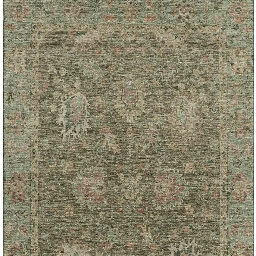 Olive Green And Beige Oriental Washable Area Rug With UV Protection Photo 3