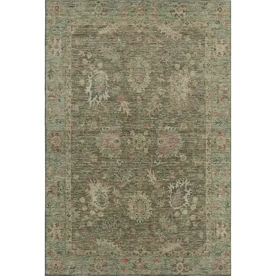 Olive Green And Beige Oriental Washable Area Rug With UV Protection Photo 1