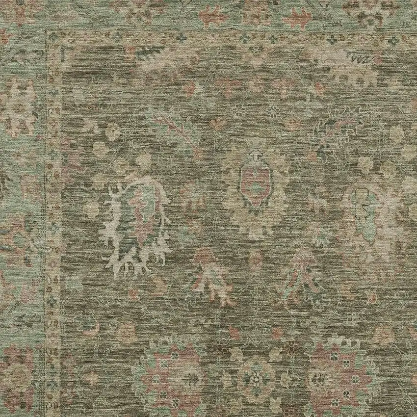 Olive Green And Beige Oriental Washable Area Rug With UV Protection Photo 3