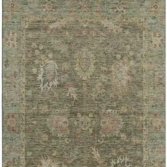 Olive Green And Beige Oriental Washable Area Rug With UV Protection Photo 4