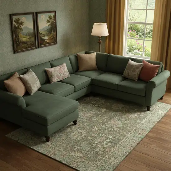 Olive Green And Beige Oriental Washable Area Rug With UV Protection Photo 2