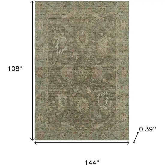 Olive Green And Beige Oriental Washable Area Rug With UV Protection Photo 9