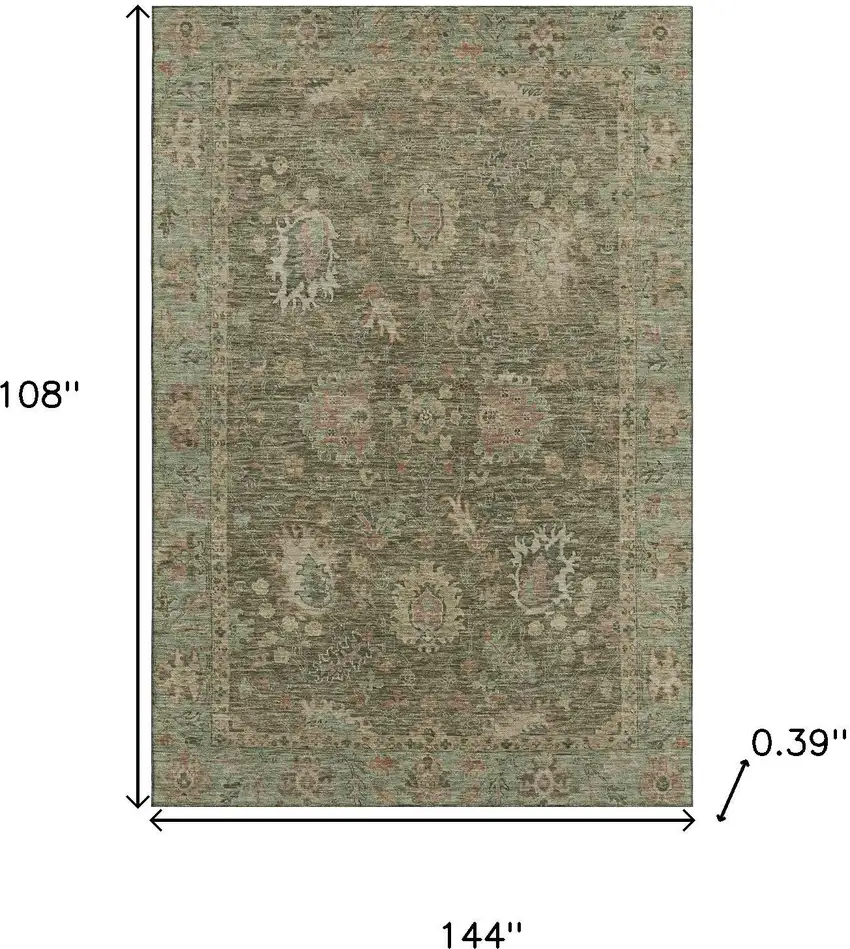 Olive Green And Beige Oriental Washable Area Rug With UV Protection Photo 9