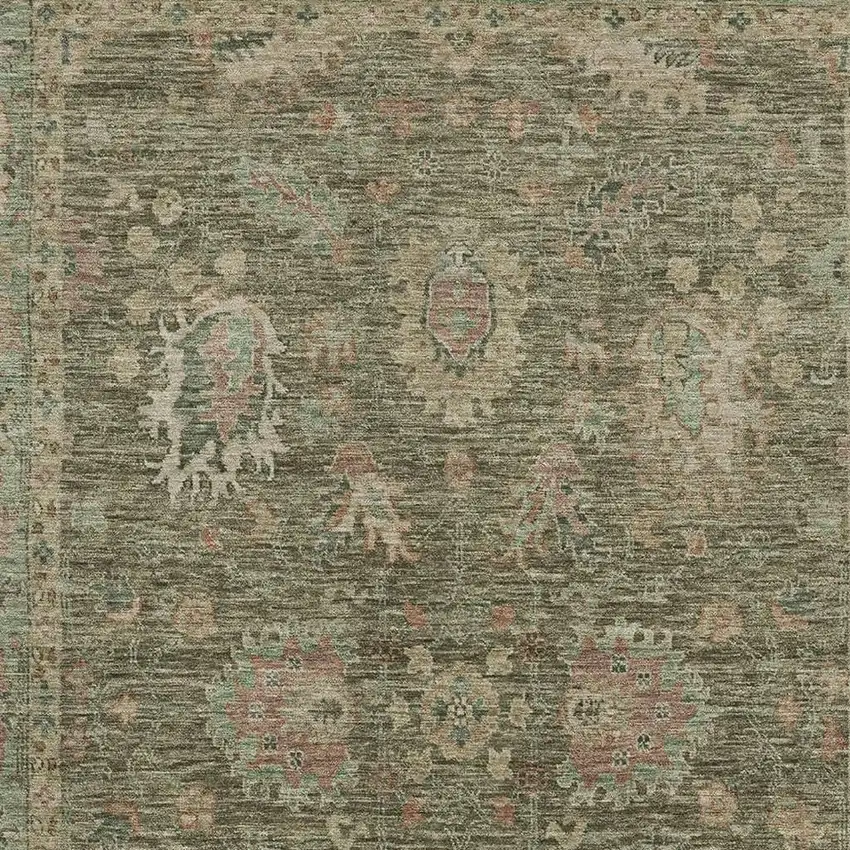 Olive Green And Beige Oriental Washable Area Rug With UV Protection Photo 3