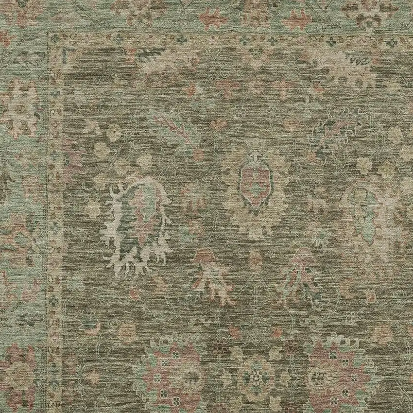 Olive Green And Beige Oriental Washable Area Rug With UV Protection Photo 3