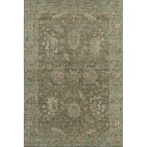 Photo of Olive Green And Beige Oriental Washable Area Rug With UV Protection