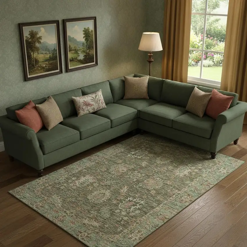 Olive Green And Beige Oriental Washable Area Rug With UV Protection Photo 2