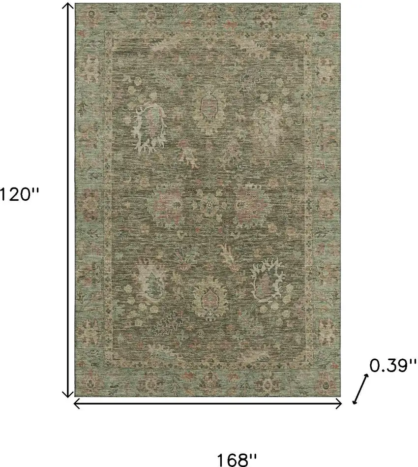 Olive Green And Beige Oriental Washable Area Rug With UV Protection Photo 9