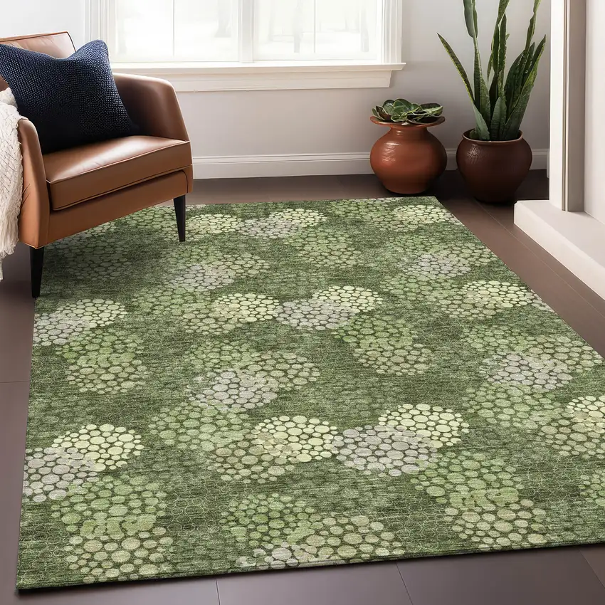 Olive Green And Beige Polka Dot Washable Area Rug With UV Protection Photo 5